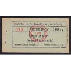 3 fillér - negyed kg hús 1931 - Miskolczi Orth. Izraelita Anyahitközség